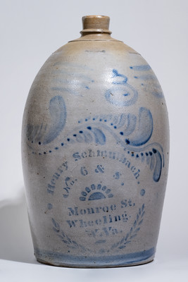 Three-Gallon Wheeling, WV Stoneware Advertising Jug w/ Elaborate Cobalt Decoration