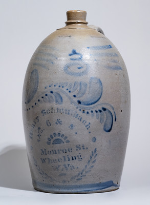 Three-Gallon Wheeling, WV Stoneware Advertising Jug w/ Elaborate Cobalt Decoration