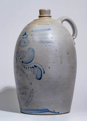 Three-Gallon Wheeling, WV Stoneware Advertising Jug w/ Elaborate Cobalt Decoration