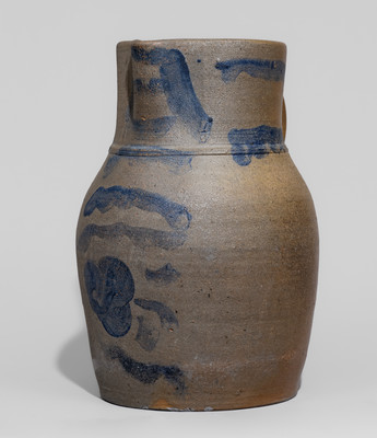 Rare Pruntytown, West Virginia Stoneware Pitcher w/ Cobalt Floral Decoration