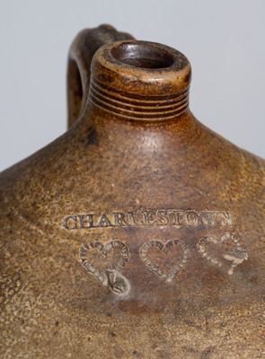 Three-Gallon CHARLESTOWN Iron-Decorated Stoneware Jug w/ Impressed Hearts Decoration, c1812-27