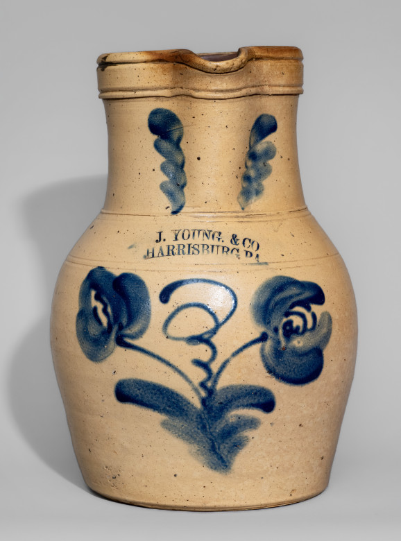 Extremely Rare and Important J. YOUNG & CO. / HARRISBURG, PA Stoneware Pitcher with Bold Floral Decoration