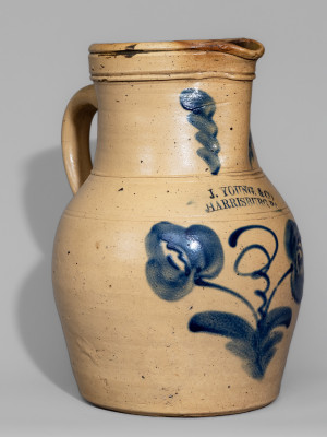 Extremely Rare and Important J. YOUNG & CO. / HARRISBURG, PA Stoneware Pitcher with Bold Floral Decoration