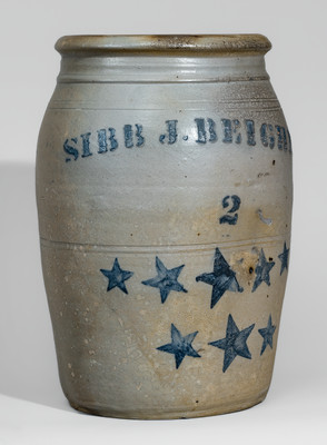 Rare SIBB J. BEIGHEL, Pleasant Unity, Westmoreland County, PA Stoneware Jar w/ Stenciled Star Motifs