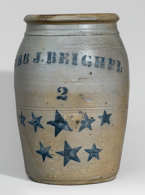 Rare SIBB J. BEIGHEL, Pleasant Unity, Westmoreland County, PA Stoneware Jar w/ Stenciled Star Motifs