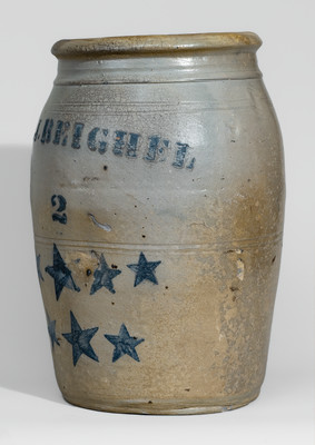 Rare SIBB J. BEIGHEL, Pleasant Unity, Westmoreland County, PA Stoneware Jar w/ Stenciled Star Motifs