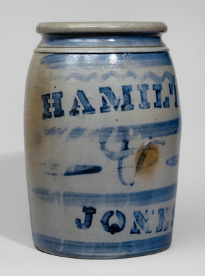 Fine HAMILTON & JONES Stoneware Jar w/ Elaborate Cobalt Stripe Decoration, Greensboro, PA