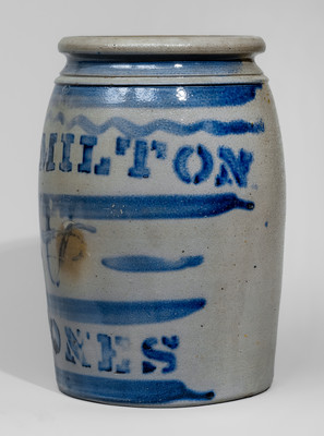 Fine HAMILTON & JONES Stoneware Jar w/ Elaborate Cobalt Stripe Decoration, Greensboro, PA