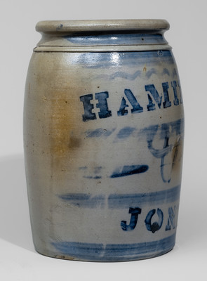 Fine HAMILTON & JONES Stoneware Jar w/ Elaborate Cobalt Stripe Decoration, Greensboro, PA