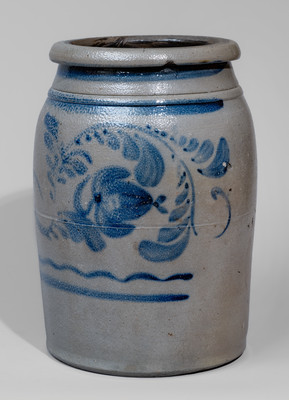 Western Pennsylvania Stoneware Jar w/ Freehand Cobalt Floral Decoration, c1870