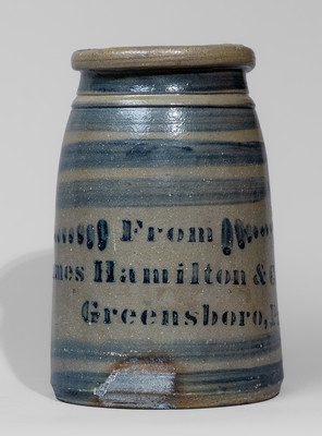 Fine Stoneware Canning Jar w/ Elaborate Cobalt Stripe Decoration, "From / James Hamilton & Co. / Greensboro, Pa."