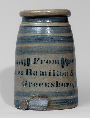 Fine Stoneware Canning Jar w/ Elaborate Cobalt Stripe Decoration, "From / James Hamilton & Co. / Greensboro, Pa."