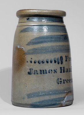 Fine Stoneware Canning Jar w/ Elaborate Cobalt Stripe Decoration, "From / James Hamilton & Co. / Greensboro, Pa."