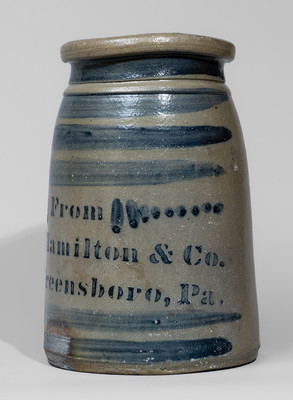 Fine Stoneware Canning Jar w/ Elaborate Cobalt Stripe Decoration, "From / James Hamilton & Co. / Greensboro, Pa."