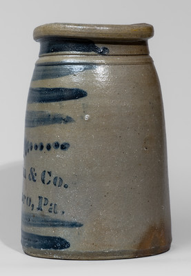 Fine Stoneware Canning Jar w/ Elaborate Cobalt Stripe Decoration, "From / James Hamilton & Co. / Greensboro, Pa."