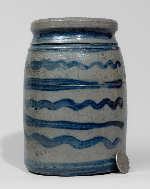 Extremely Fine Small-Sized Western PA Stoneware Canning Jar with Striped Decoration