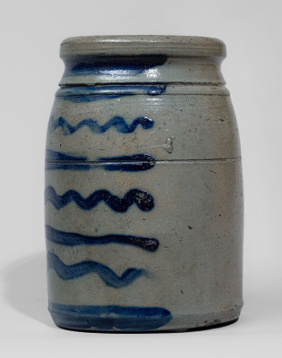 Extremely Fine Small-Sized Western PA Stoneware Canning Jar with Striped Decoration