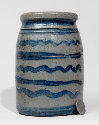 Rare and Fine Small-Sized Western Pennsylvania Stoneware Canning Jar w/ Elaborate Freehand Stripe Decoration