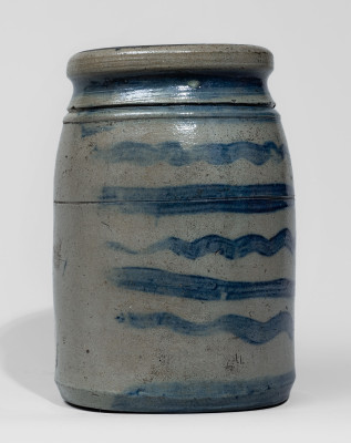 Extremely Fine Small-Sized Western PA Stoneware Canning Jar with Striped Decoration
