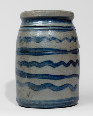 Rare and Fine Small-Sized Western Pennsylvania Stoneware Canning Jar w/ Elaborate Freehand Stripe Decoration