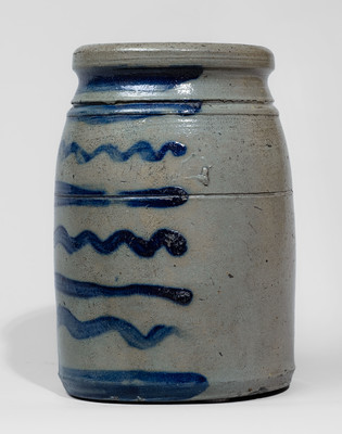 Rare and Fine Small-Sized Western Pennsylvania Stoneware Canning Jar w/ Elaborate Freehand Stripe Decoration