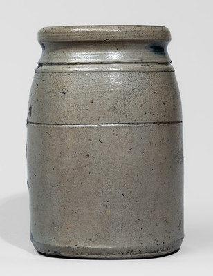 Rare and Fine Small-Sized Western Pennsylvania Stoneware Canning Jar w/ Elaborate Freehand Stripe Decoration