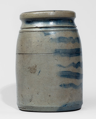 Rare and Fine Small-Sized Western Pennsylvania Stoneware Canning Jar w/ Elaborate Freehand Stripe Decoration
