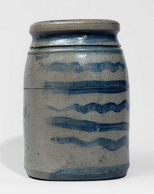 Rare and Fine Small-Sized Western Pennsylvania Stoneware Canning Jar w/ Elaborate Freehand Stripe Decoration