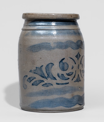 Small-Sized Western PA Stoneware Canning Jar w/ Cobalt Freehand and Stenciled Decoration