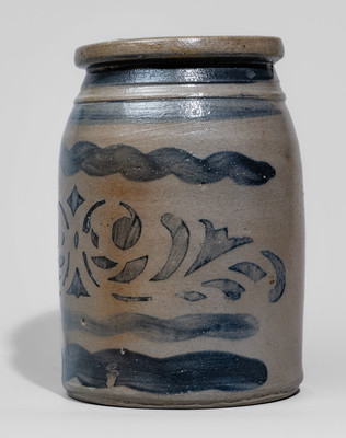 Small-Sized Western PA Stoneware Canning Jar w/ Cobalt Freehand and Stenciled Decoration