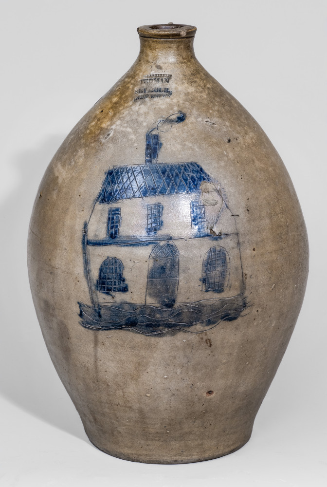 Extremely Rare Two-Gallon Stoneware Jug with Incised House Decoration, Stamped 