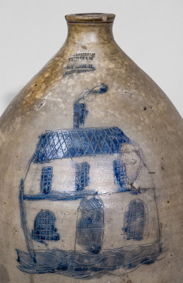 Extremely Rare Two-Gallon Stoneware Jug with Incised House Decoration, Stamped 
