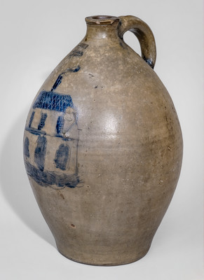 Extremely Rare STEDMAN & SEYMOUR / NEW-HAVEN, CT Stoneware Jug w/ Incised House Decoration