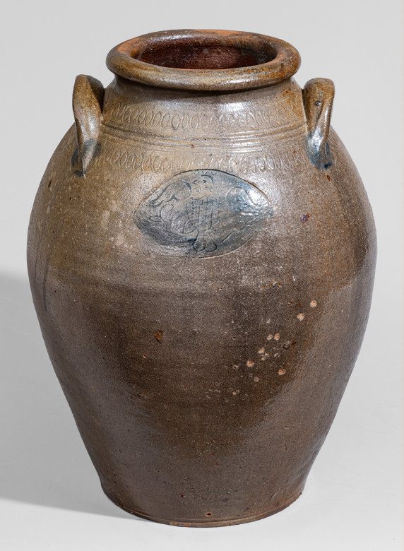 Extremely Rare Old Bridge, New Jersey Stoneware Jar w/ Impressed Federal Eagle Medallion