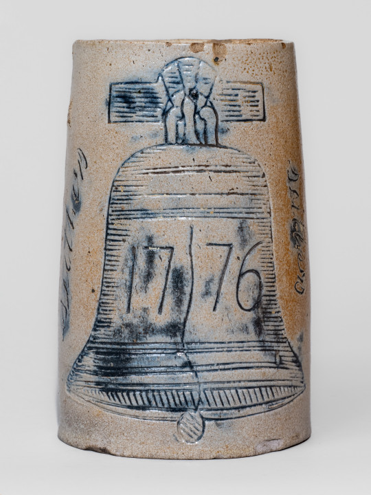 Extremely Rare Signed Aaron Radley, Philadelphia Stoneware Mug with Incised Liberty Bell