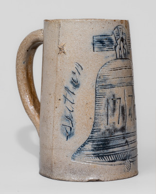 Extremely Rare Signed Aaron Radley, Philadelphia Stoneware Mug with Incised Liberty Bell