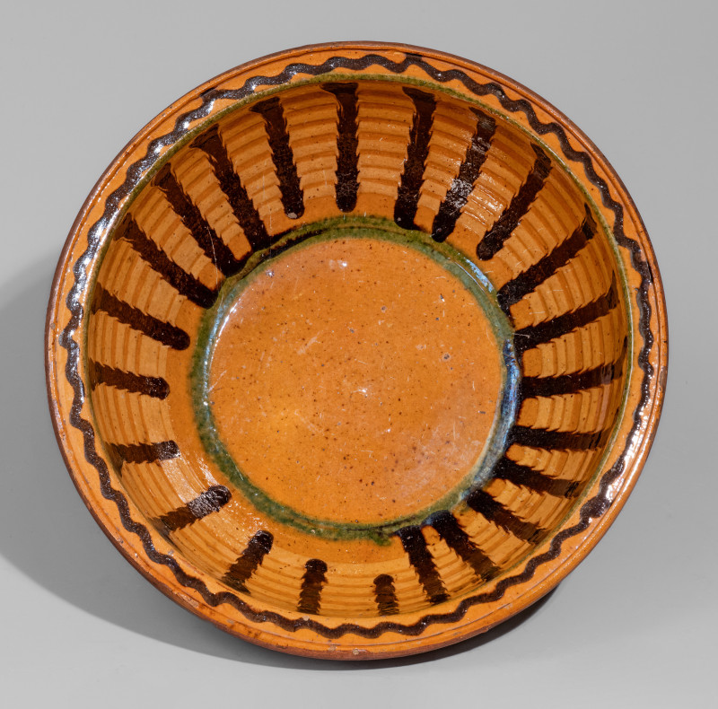 Exceptional Slip-Decorated Redware Bowl, attrib. Henry Adam, Hagerstown, MD c1815