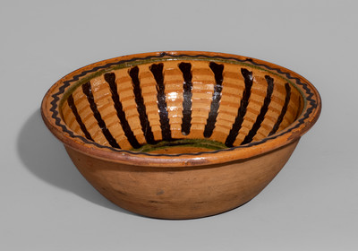Exceptional Redware Bowl w/ Profuse Three-Color Slip Decoration, attrib. Henry Adam, Hagerstown, MD, c1805-19