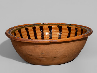 Exceptional Redware Bowl w/ Profuse Three-Color Slip Decoration, attrib. Henry Adam, Hagerstown, MD, c1805-19