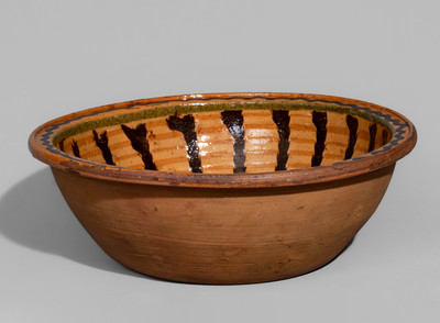 Exceptional Redware Bowl w/ Profuse Three-Color Slip Decoration, attrib. Henry Adam, Hagerstown, MD, c1805-19