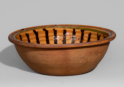 Exceptional Redware Bowl w/ Profuse Three-Color Slip Decoration, attrib. Henry Adam, Hagerstown, MD, c1805-19