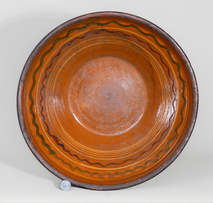 Large-Sized Hagerstown, MD Redware Bowl with Three-Color Slip Decoration
