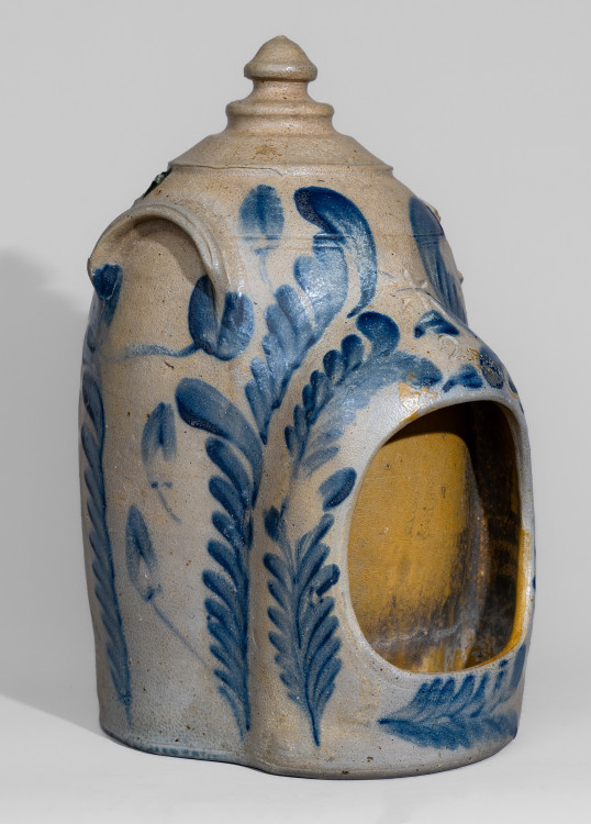 Very Fine 2 Gal. Remmey, Philadelphia, PA, Stoneware Chick Waterer with Elaborate Floral Decoration