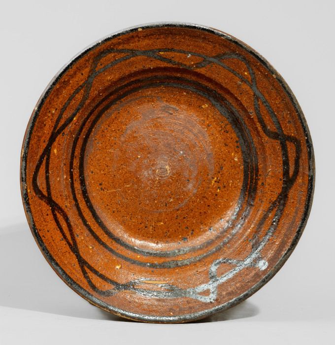North Carolina Redware Dish with Elaborate Manganese Decoration