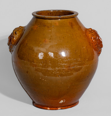 Rare and Fine Pennsylvania Redware Jar w/ Woman's Head Handles, 19th century