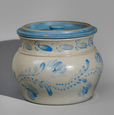 Extremely Rare Western PA Bristol-Glazed Stoneware Lidded Sugar Bowl w/ Profuse Cobalt Floral Decoration
