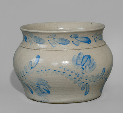Extremely Rare Western PA Bristol-Glazed Stoneware Lidded Sugar Bowl w/ Profuse Cobalt Floral Decoration