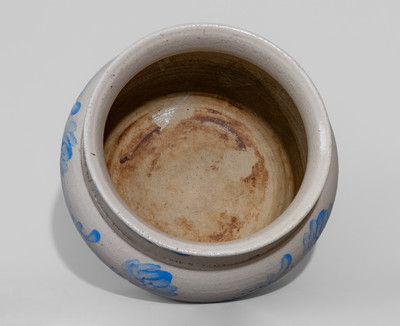 Extremely Rare Western PA Bristol-Glazed Stoneware Lidded Sugar Bowl w/ Profuse Cobalt Floral Decoration