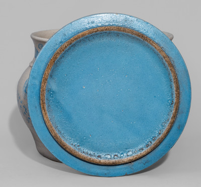 Extremely Rare Western PA Bristol-Glazed Stoneware Lidded Sugar Bowl w/ Profuse Cobalt Floral Decoration