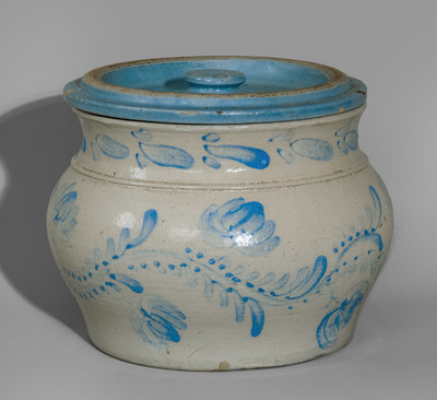 Extremely Rare Western PA Bristol-Glazed Stoneware Lidded Sugar Bowl w/ Profuse Cobalt Floral Decoration